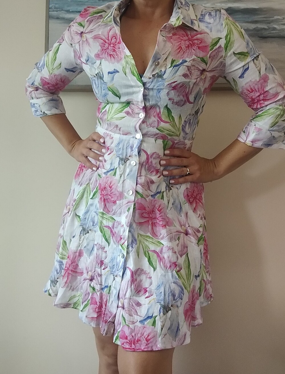 Sesto Senso  Linen Floral Button-Front Mini Dress in Pink & Blue XS